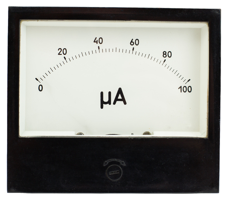 Black square analog ampermeter isolated on white background without arrow on scale.の写真素材