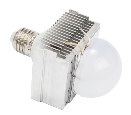 Diy led lamp with huge heatsink on it. Ugly and messy fast handmade assembly. High power led with half-spherical diffuser used.の写真素材