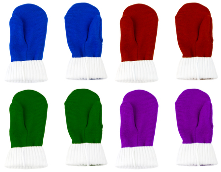 set of color knited mittens isolated on white backgroundの写真素材