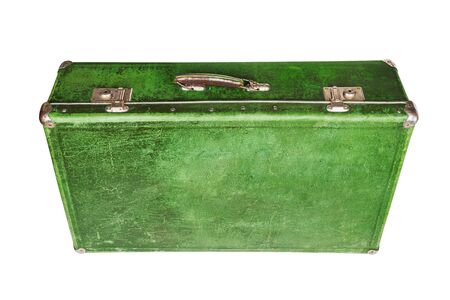 old closed green retro fiber suitcase isolated on white background