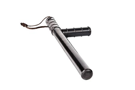 Black classic rubber police baton with lanyard isolated on white background. Isometric diagonal...