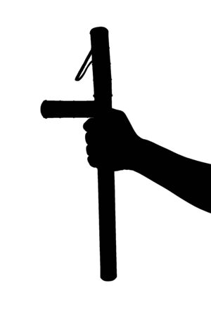 a black and white silhouette of bare hand with rubber police baton isolated on white background.の写真素材