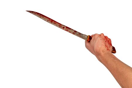 human hand holding old long bloody kitchen knife isolated on white background
