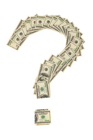 question sign made of one hundred us dollars banknote isolated on white background.の写真素材