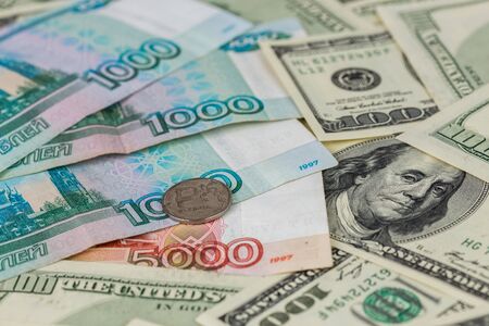 russian rubl and us dollar close-up background with selective focusの写真素材