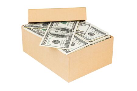 A small cardboard box with dollar banknotes isolated on white backgroundの写真素材