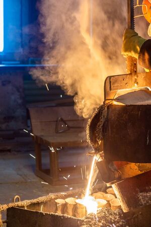 Industrial lost wax casting. The process of pouring for filling out ceramic shells with molten steel...