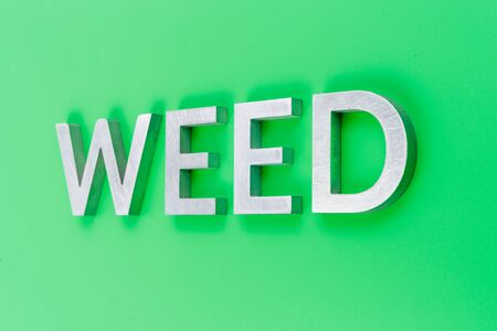 the word weed laid with silver metal letters on pastel green background with linear perspective and selective focusの写真素材