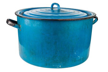 old large enameled blue pot with cover isolated on white backgroundの写真素材