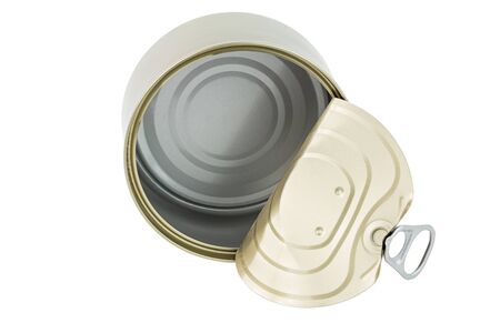 opened clean tin can with pull tab ring, bended lid and empty - isolated on white, top-down view