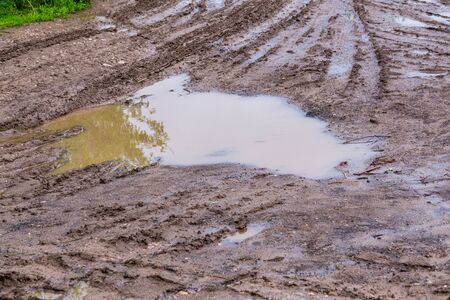 puddle in dirt road at summer daylight - closeup with selective focus, diagonal composition
