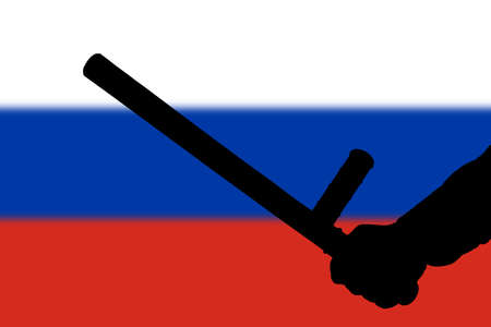 hand with police tonfa rubber stick silhouette and blurry russian flag in the backgroundの写真素材