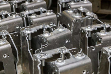 many equal welded aluminium assemblies in factory between operationsの写真素材