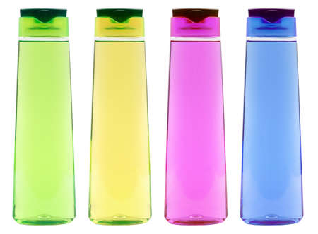 set of transparend clear colored shampoo bottles isolated on white - without labelsの写真素材