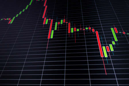 Abstract candlestick chart on dark blue digital screen. Stock market or crypto data chart, graph...