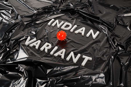 words indian variant laid with silver metal letters on crumpled black plastic bag background with small virus modelの写真素材