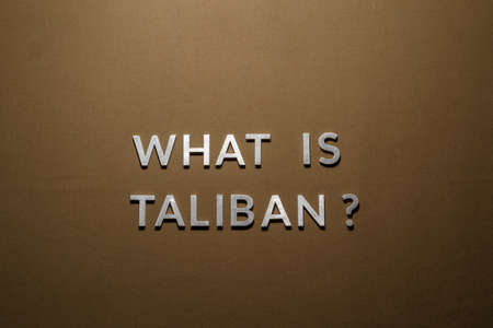 the question what is taliban laid with silver metal letters on rough tan khaki canvas fabric