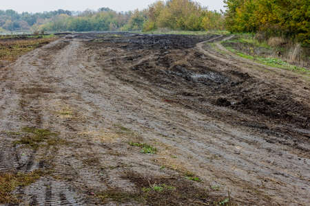 wide dirt road near agricultural field at misty autumnal morning