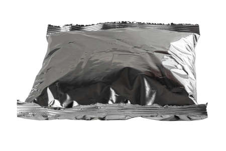 small blank single-use crumpled aluminum foiled plastic bag isolated on white backgroundの写真素材