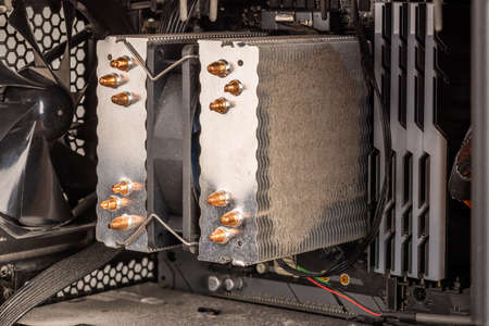 dust clog layer on tower type cpu cooler in opened pc case