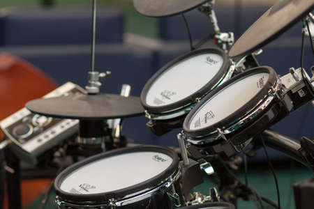 electronic drums Roland V-Drum set close-up with selective focus and no peopleのeditorial素材