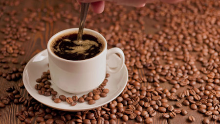 white hand stirring black coffee in a mug on a table covered with roasted coffee beansの写真素材