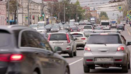car traffic in central street of Tula, Russia - September 23, 2021