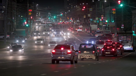 night car traffic in central streets in Tula, Russia - October 18, 2021