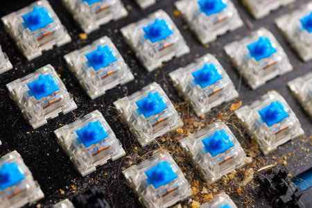 dirty mechanical keyboard without keycaps before cleaning