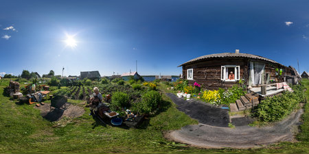 Seamless full spherical 360 degree panorama in equirectangular projection of rustic house with old...