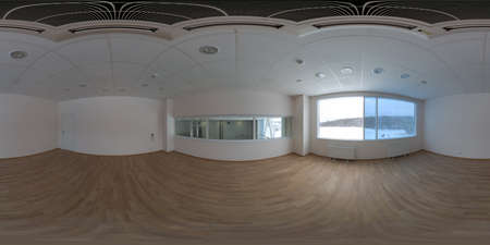 Seamless full spherical 360 degree panorama in equirectangular projection of empty small office room in industrial buildingの写真素材