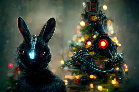 black water rabbit in cyberpunk style on warm illuminated christmas tree in blurry background - neural network ai generated painting-like artの素材