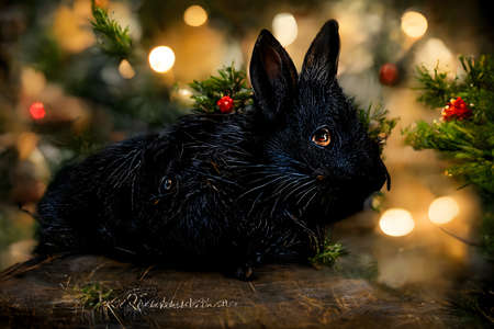 black water rabbit with blurry chrismas lights background - neural network ai generated painting-like artの素材