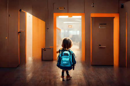 Back facing little girl with backpack standing alone in school building at sunny day, neural network generated image.の素材