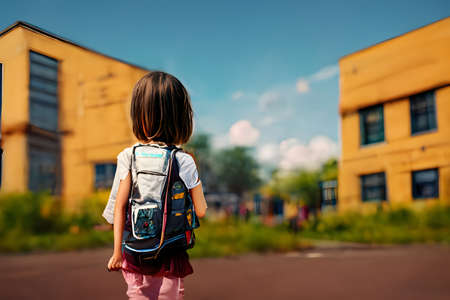 Back facing little girl with backpack looking at school building at sunny summer day, neural network generated image.の素材