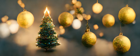 fir twigs with golden christmas balls and small decorated christmas tree on gray background, neural network generated artの素材