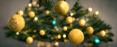 fir twigs with golden christmas balls on gray background, neural network generated artの素材