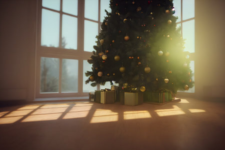 decorated christmas tree in front of tall window inside domestic room with green gift boxes under, neural network generated artの素材