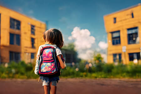 Back facing little girl with backpack looking at school building at sunny summer day, neural network generated image.の素材