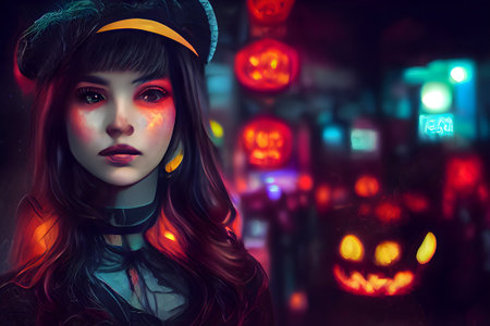 caucasian woman at night in witch costume and makeup, halloween look, neural network generated artの素材