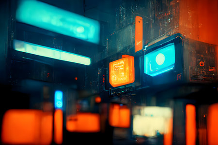abstract teal-orange hight-tech cyberpunk background, neural network generated artの素材