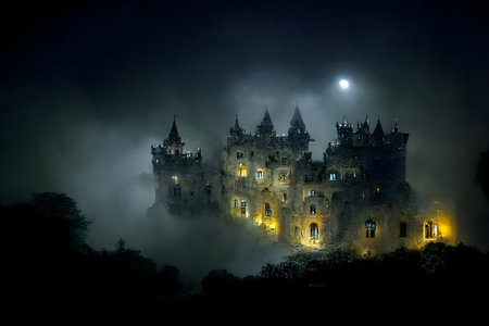 large haunted castle with many illuminated windows at spooky misty dark halloween night, neural network generated artの素材