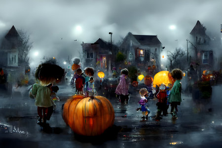 kids playing on night halloween street, neural network generated image.の素材