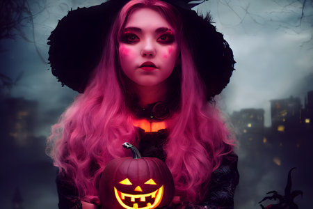 beautiful halloween witch makeup girl in stylish costume at celebration night, neural network generated artの素材