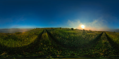 360 by 180 seamless degree full spherical panorama of misty summer morning meadow in eqirectangular...