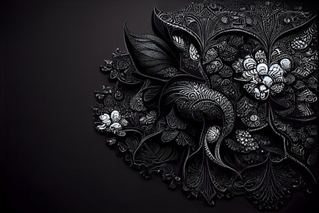 black ornate flower background and grim gothic wallpaper, neural network generated art. digitally generated image. Not based on any actual scene or pattern.の素材