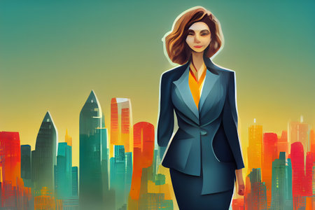 female boss, woman in business suit in front of downtown cityscape skyline, neural network generated art. digitally generated image. Not based on any actual scene or pattern.の素材