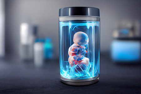 human baby embyo inside blue incubator breeding tank, ectogenesis concept, neural network generated art. digitally generated image. Not based on any actual scene or pattern.の素材