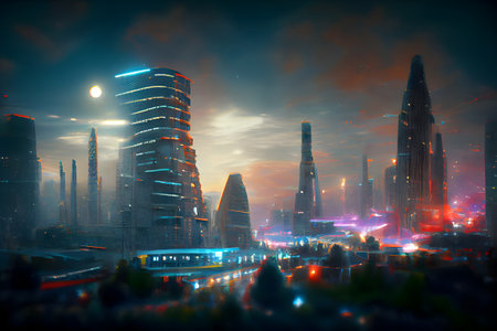 abstract futuristic night utopian cityscape, neural network generated art. digitally generated image. Not based on any actual scene or pattern.の素材