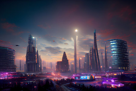 abstract futuristic night utopian cityscape, neural network generated art. digitally generated image. Not based on any actual scene or pattern.の素材